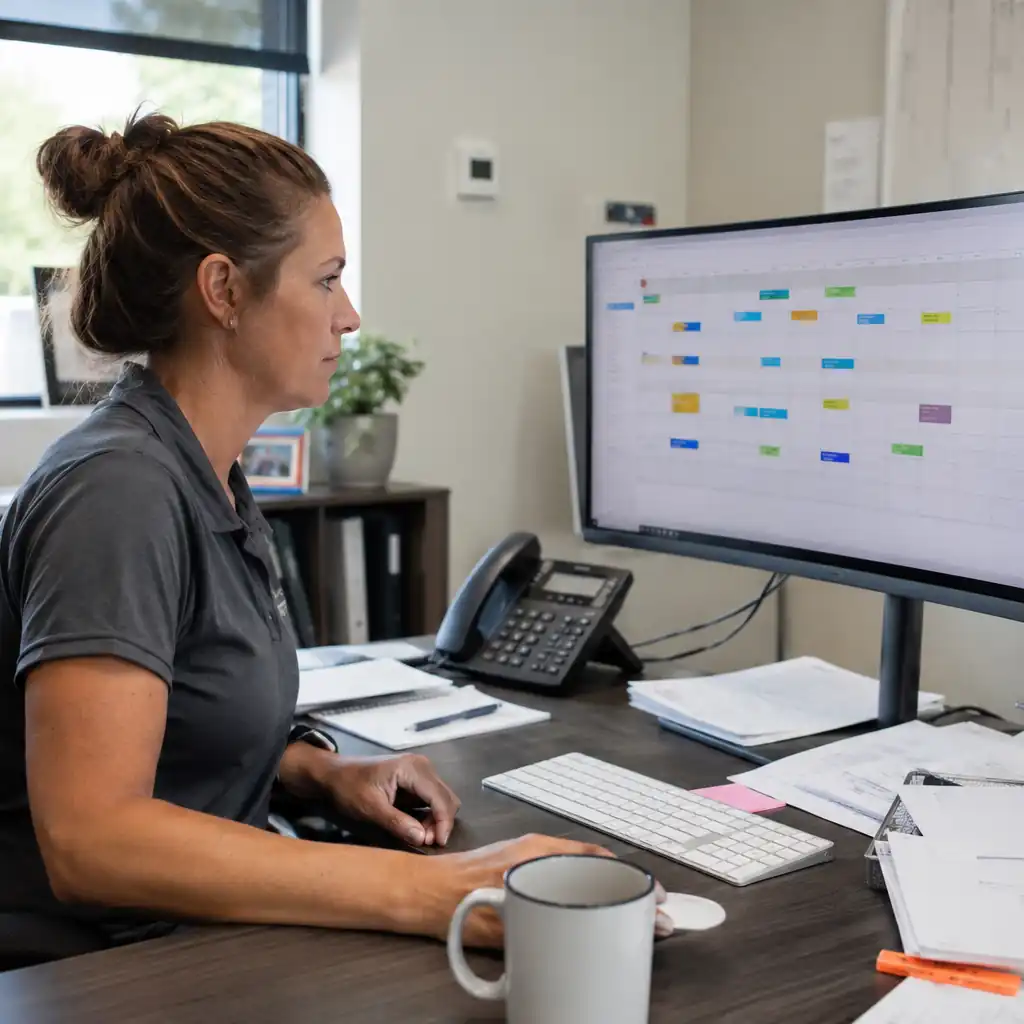 Roofing office manager reviews a weekly crew scheduling board on a computer monitor.