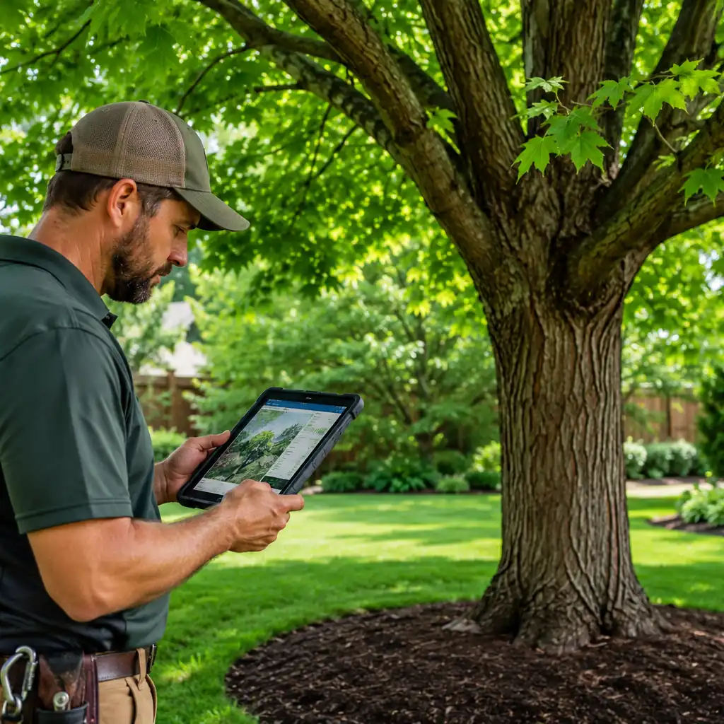 Tree care technician reviewing a tree health assessment on a tablet outdoors.