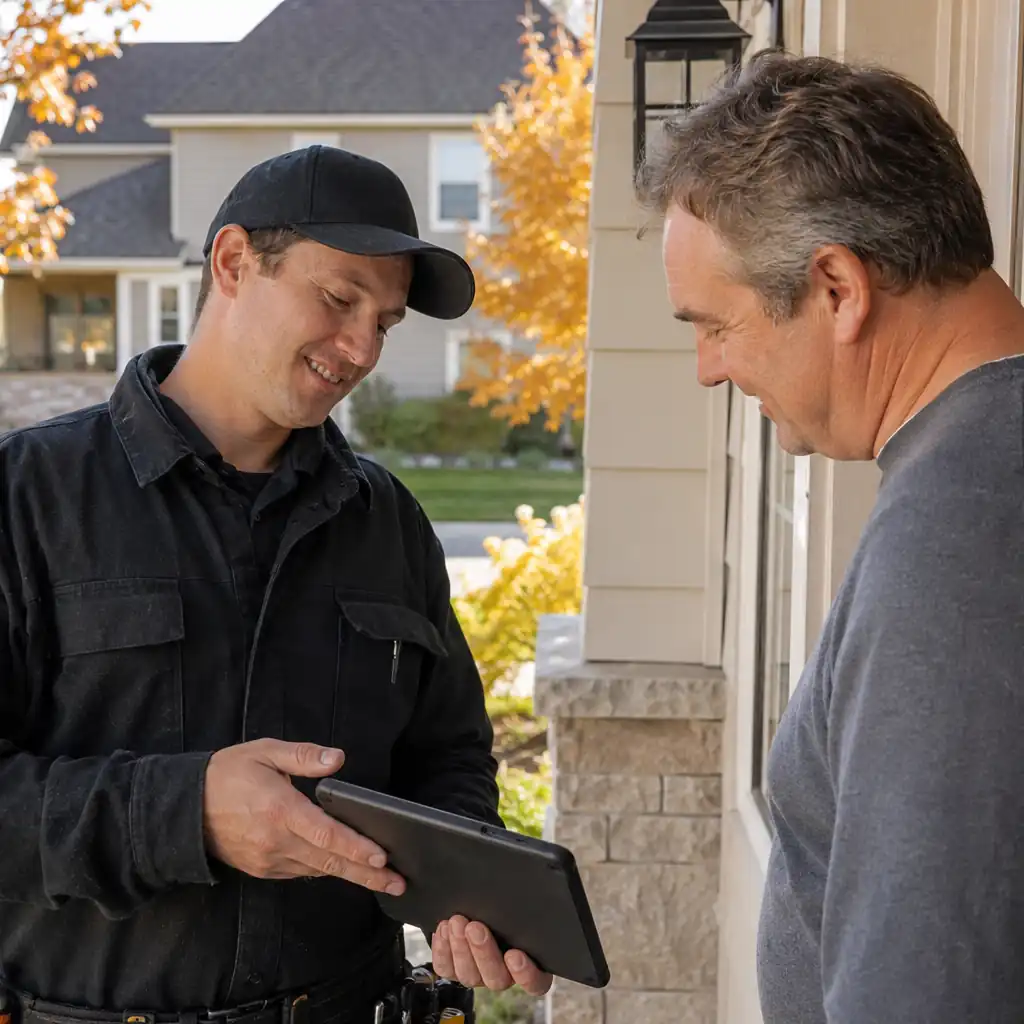 Chimney technician showing a digital inspection report to a homeowner at the door.