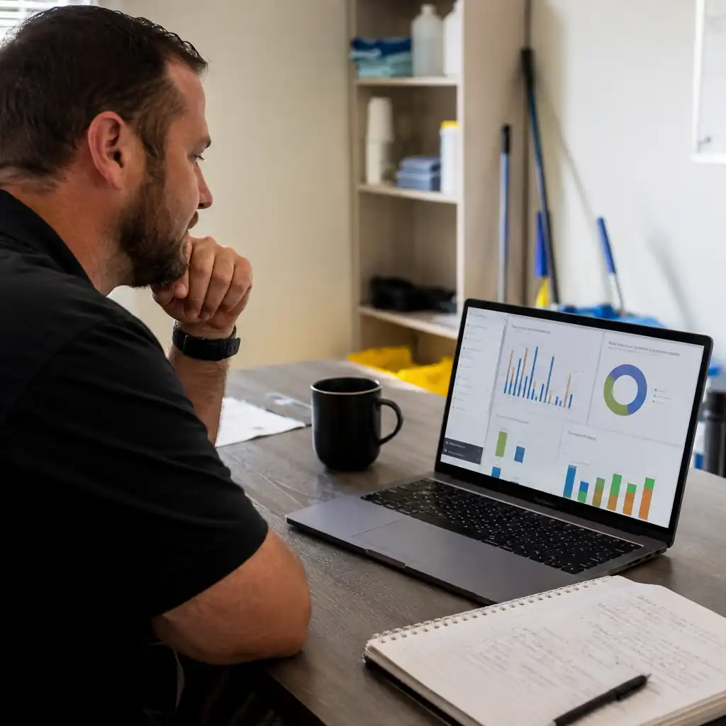 A cleaning company owner reviews crew quality inspection scores and performance charts on a laptop in a small office.