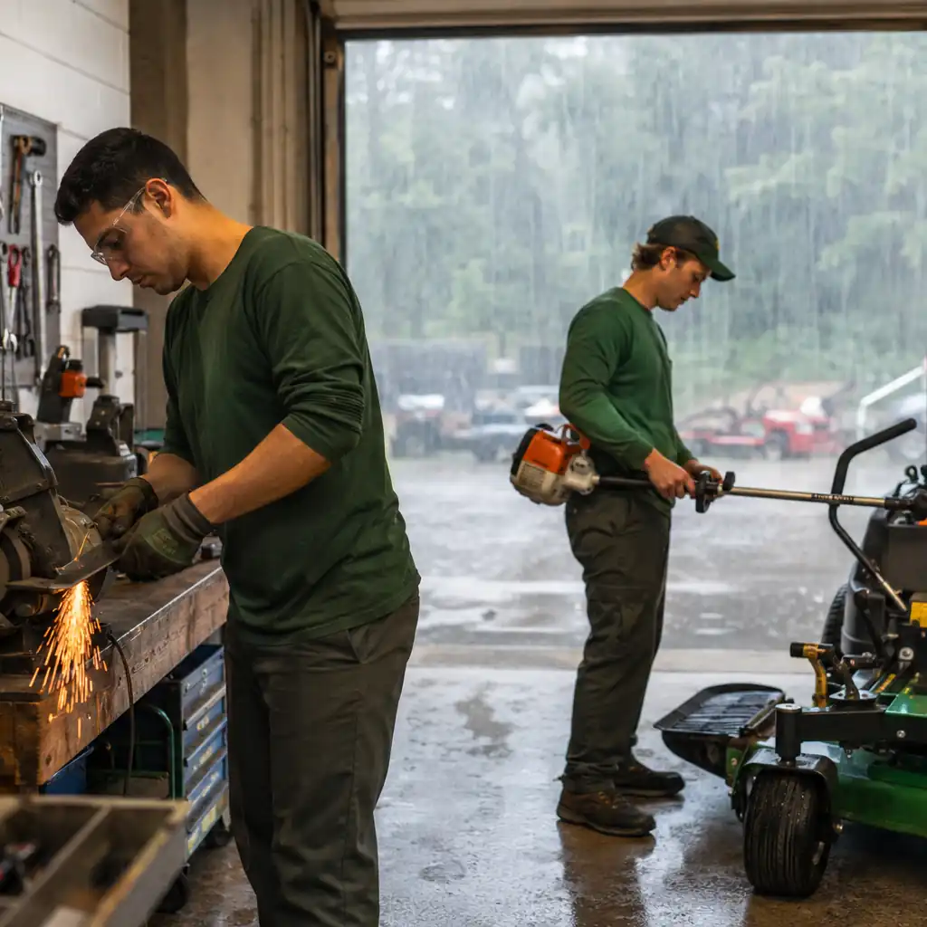Two lawn care workers sharpen blades and service equipment in a garage during rain.
