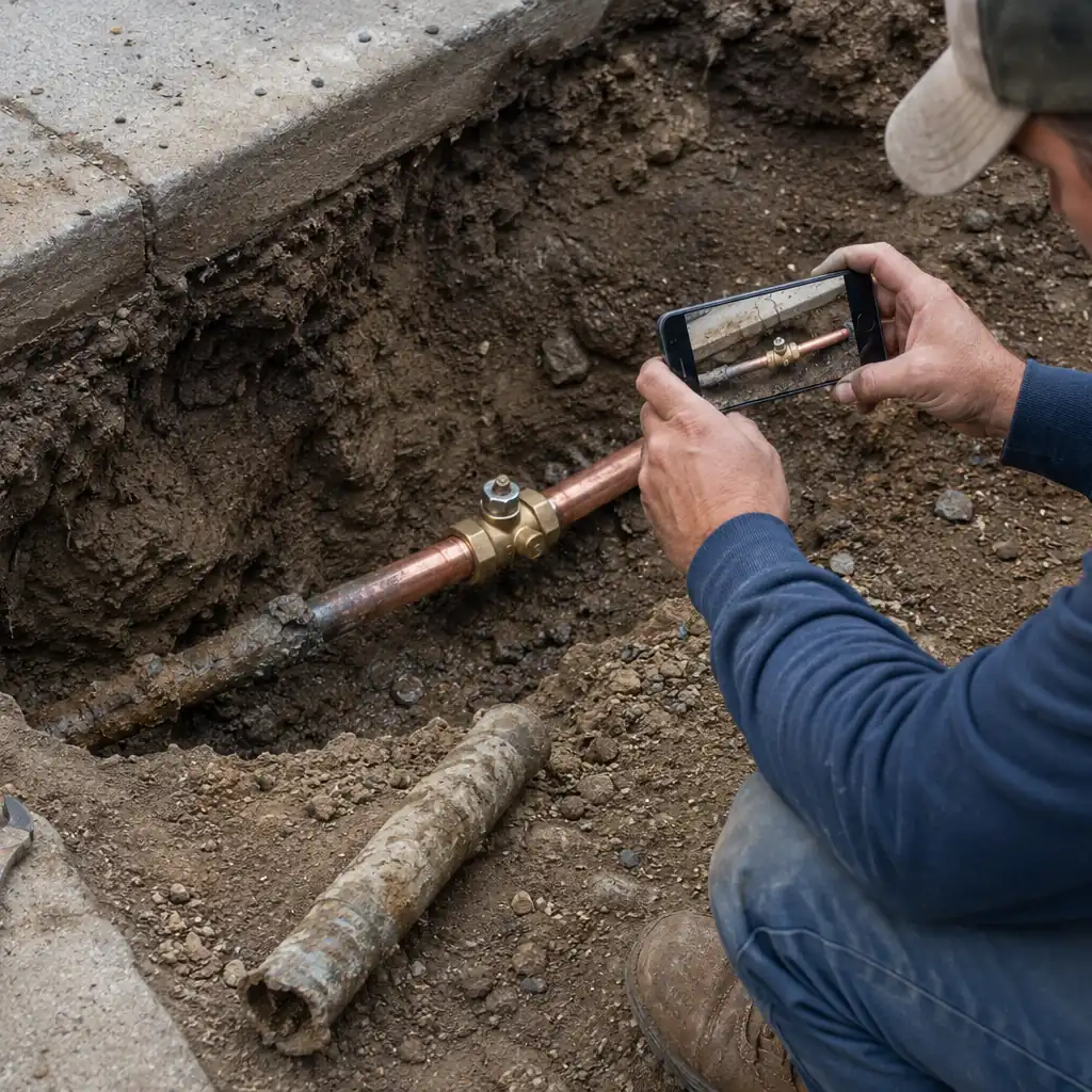 Plumber photographing a new copper water service line connection in a trench for job documentation.