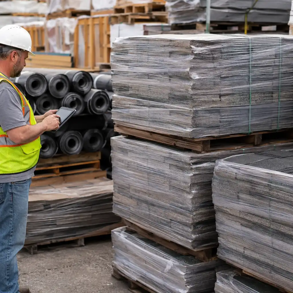 Worker checks pallets of roofing shingles and underlayment inventory in a supply yard.
