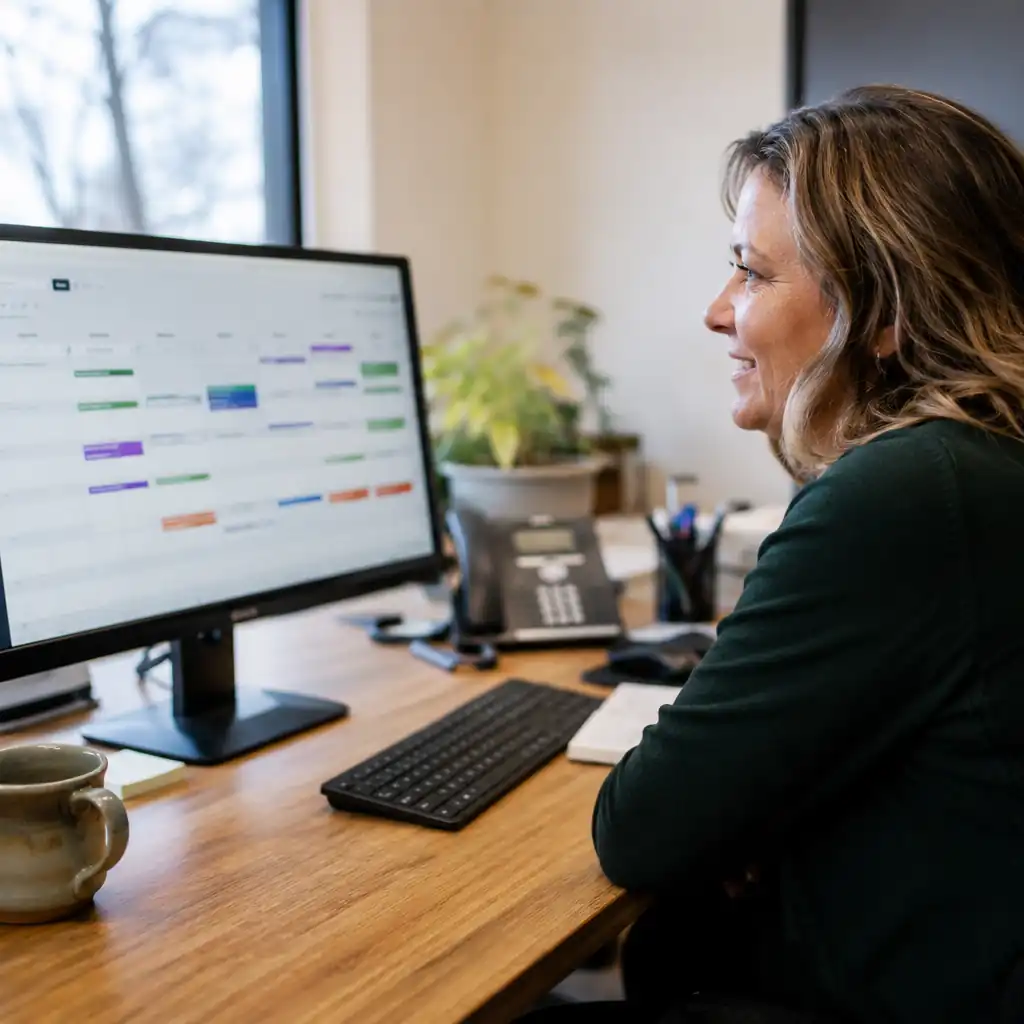 Office manager reviewing a recurring tree care service schedule on a monitor.