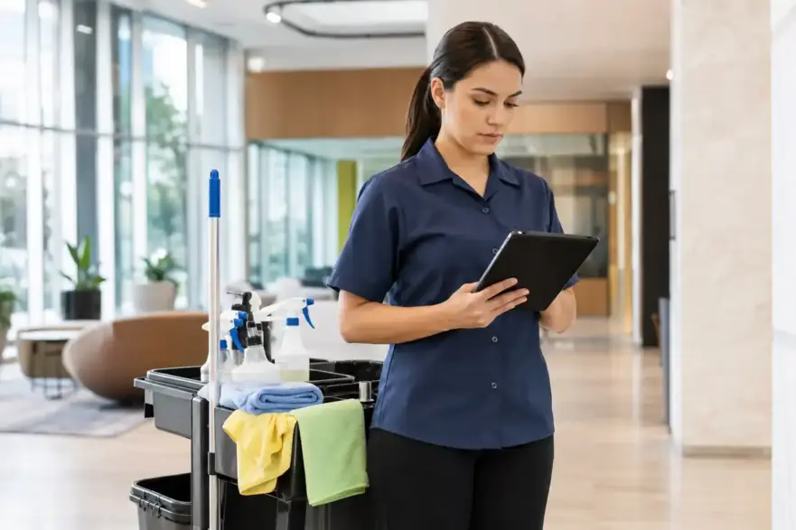 A commercial cleaning supervisor reviews a digital inspection checklist on a tablet beside a cleaning cart in an office lobby.