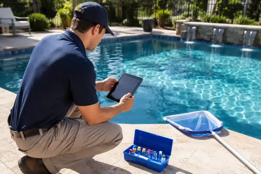 A pool service technician uses a tablet beside a clean backyard swimming pool.