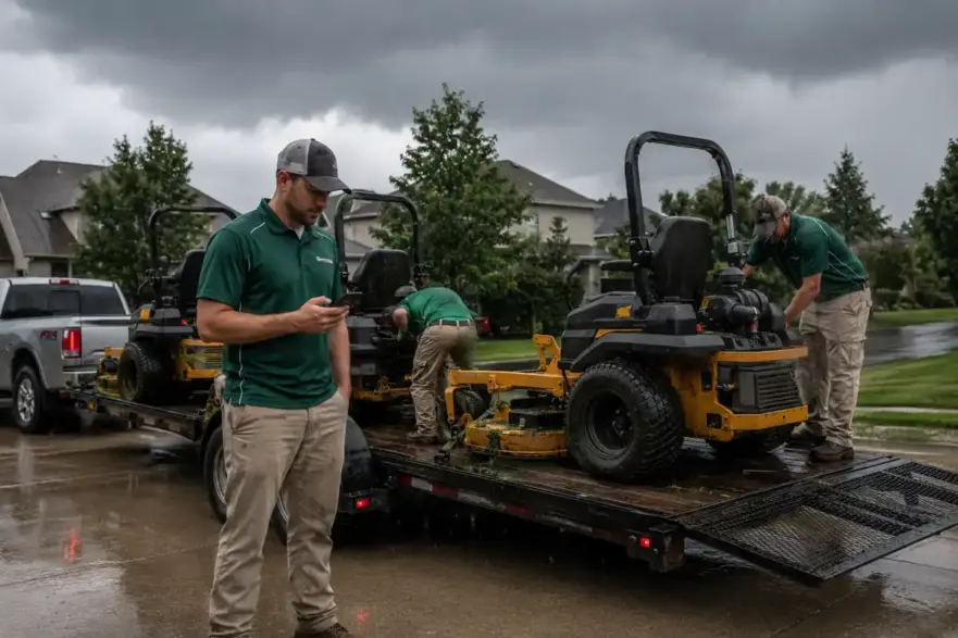 A lawn care crew loads mowers as a storm approaches a suburban driveway.