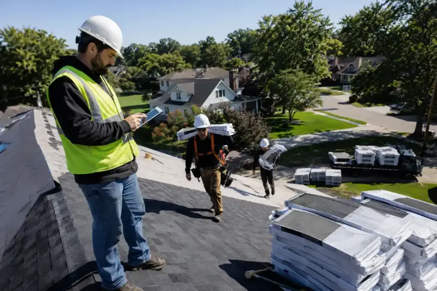 Roofing foreman checks a tablet while crew carries shingles on a residential roof.