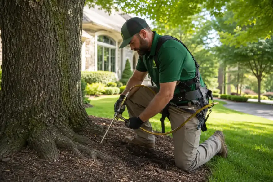 Arborist performing a deep-root plant health care treatment on a mature residential tree.