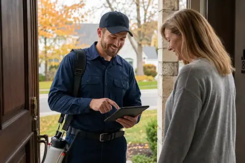 Pest control technician collecting payment and sending an invoice from a tablet after treatment