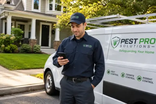 Pest control technician checking the day's scheduled route on a tablet while treating a garden
