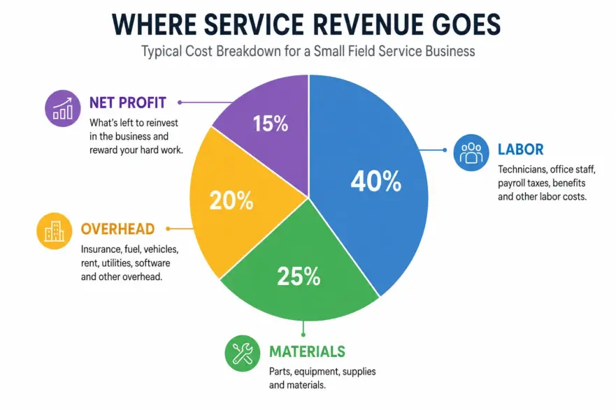 Pie chart showing illustrative revenue breakdown for field service businesses: labor, materials, overhead, and net profit.