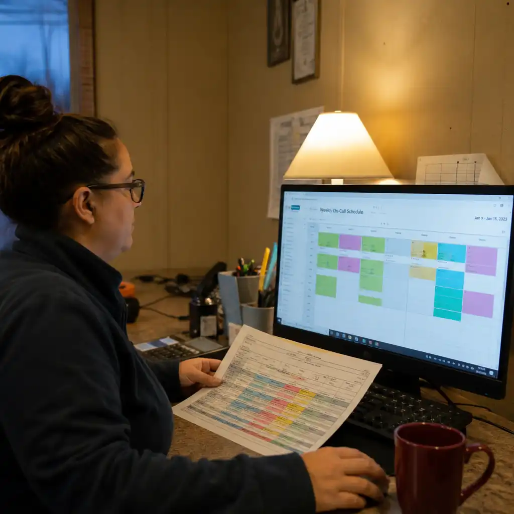 Dispatcher reviewing a weekly plumbing on-call rotation schedule on a monitor at dawn.
