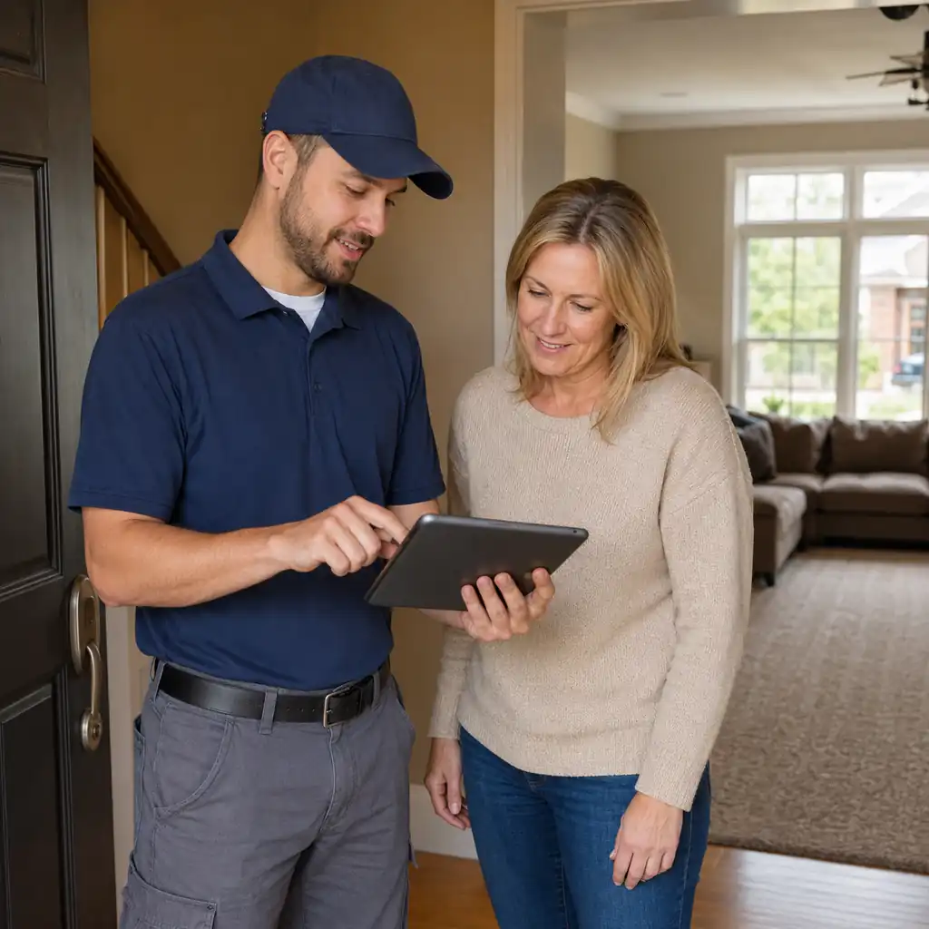Carpet cleaning technician showing homeowner an itemized add-on service quote on a tablet.