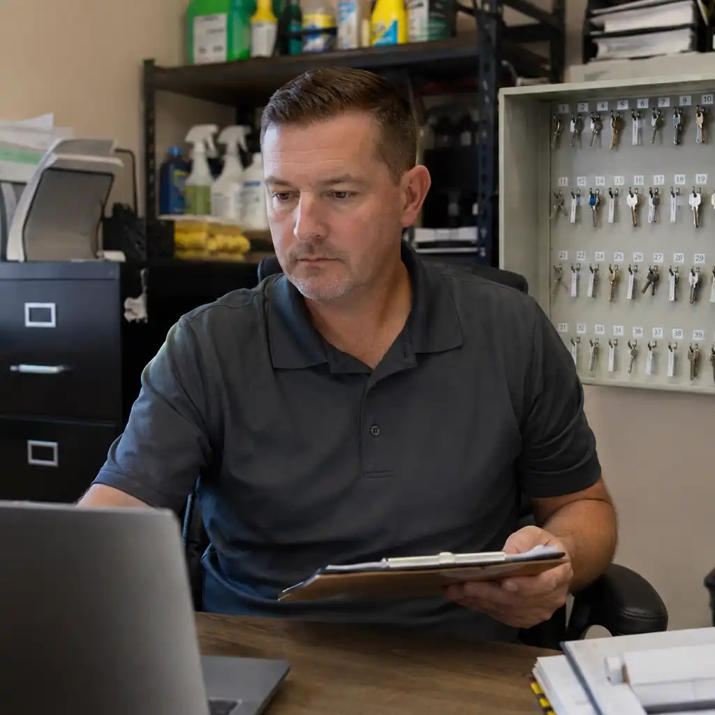 Office manager reviewing a key log beside a numbered client key cabinet.