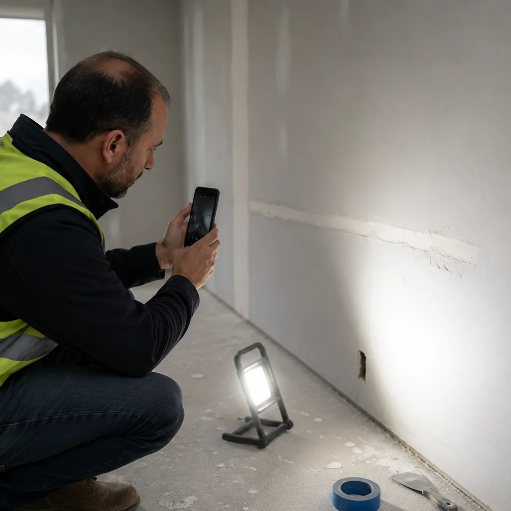 Site superintendent photographing a drywall seam defect under raking work light for the punch list.