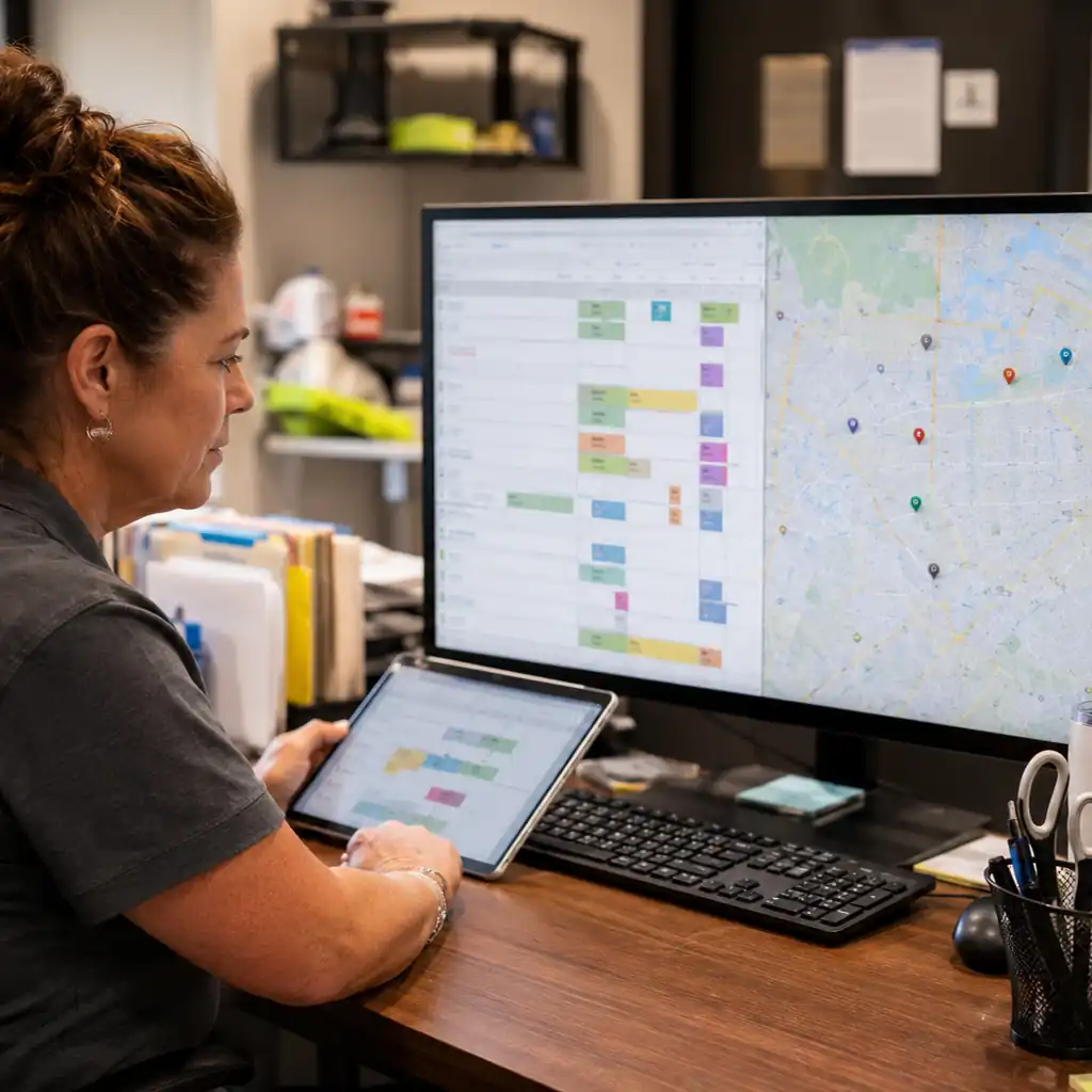 Electrical contractor dispatcher planning EV charger installation appointments on a monitor and tablet.