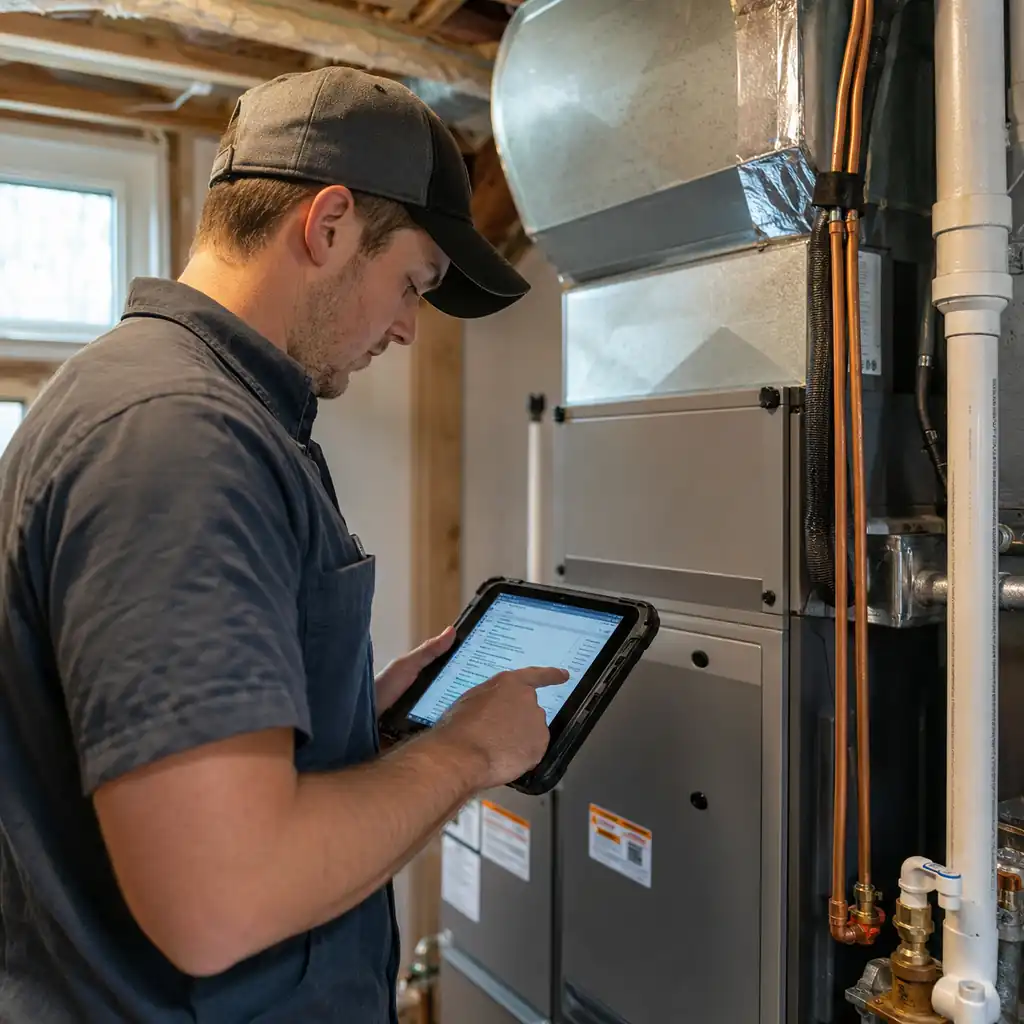 HVAC technician using a tablet checklist beside a newly installed indoor air handler unit.