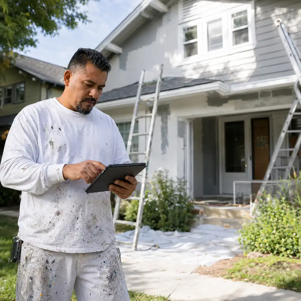 Painting crew lead using a tablet to build a job estimate outside a suburban home.