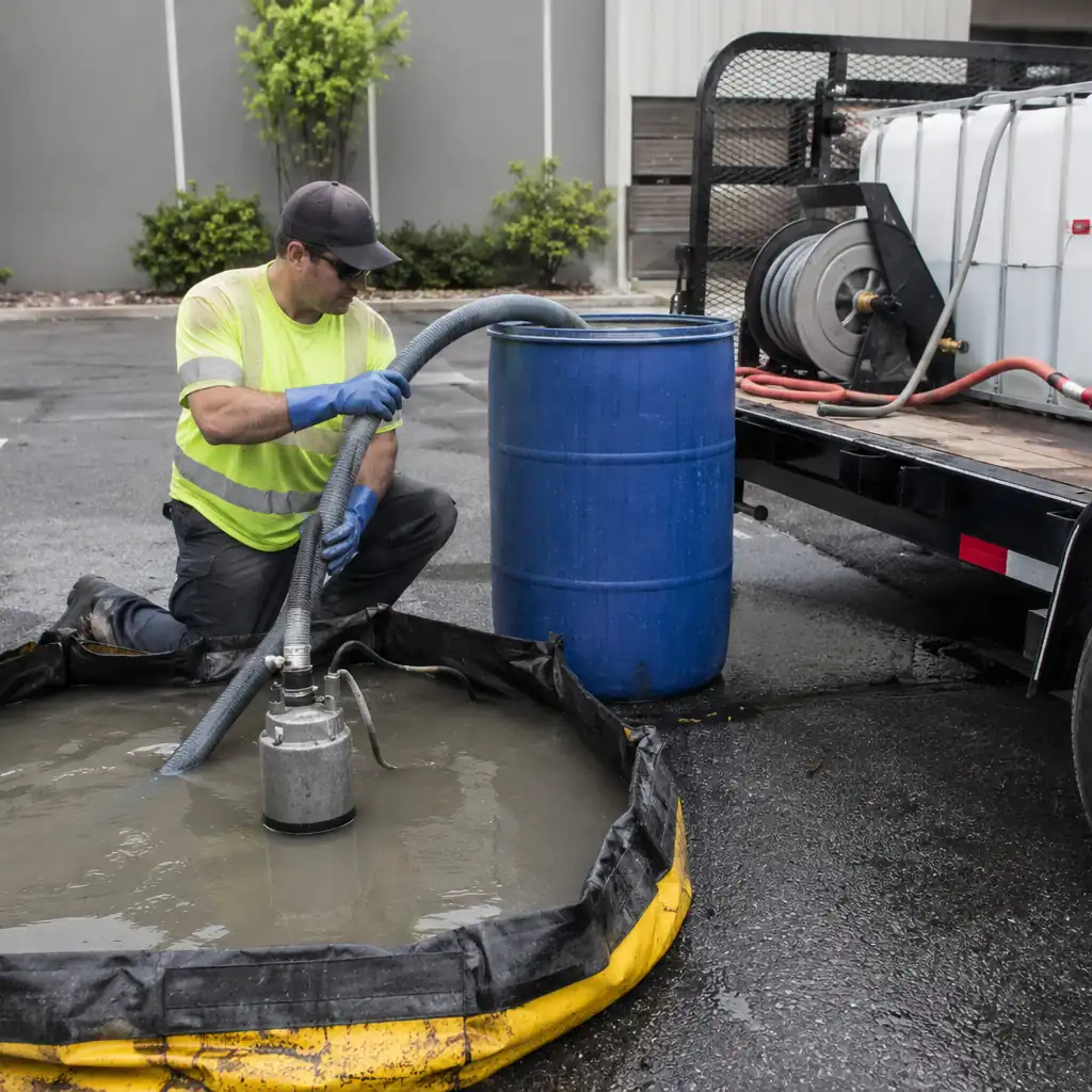 Crew member pumping contained gray wash water from a berm into a collection drum.