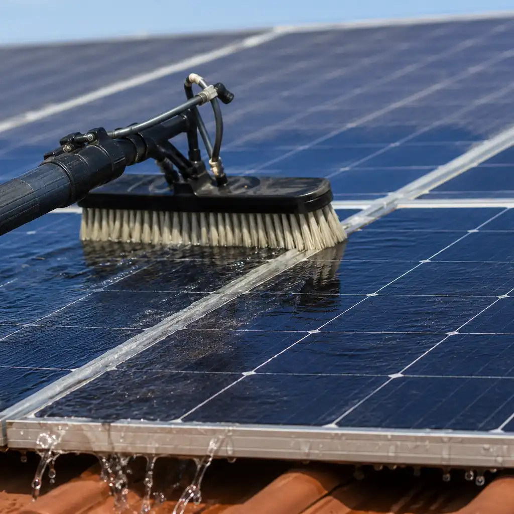 Soft-bristle brush on a water-fed pole washing purified water across rooftop solar panels.