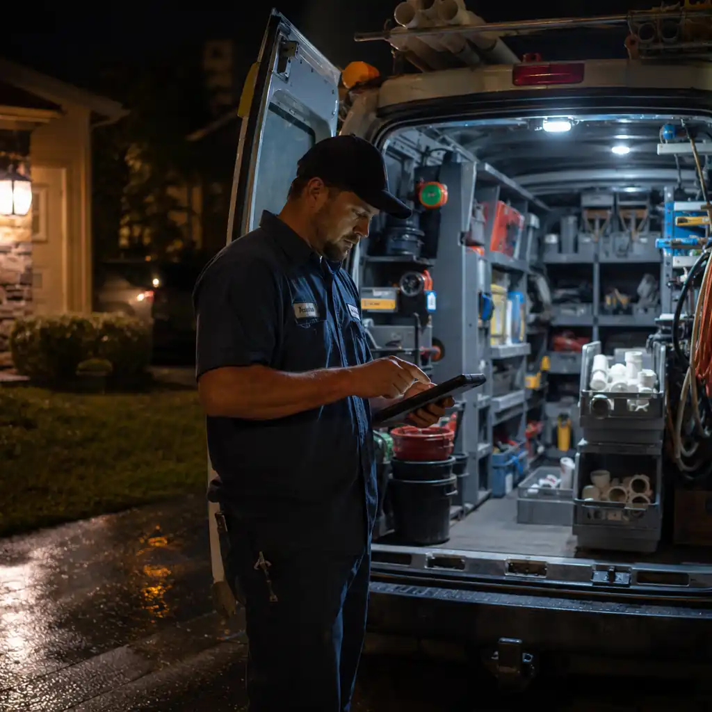 Plumber closing out a work order on a tablet at the rear of a service van at night.