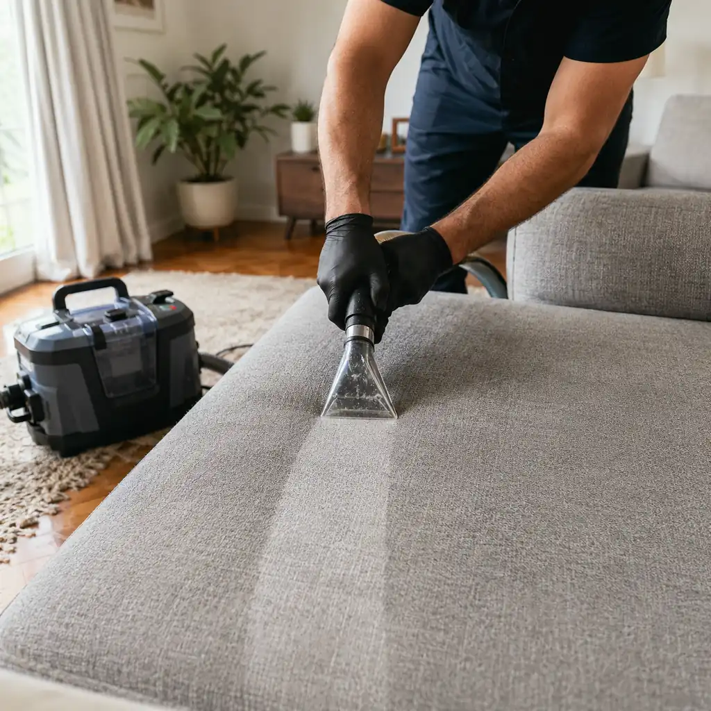 Professional cleaner using upholstery extraction tool on a gray fabric sofa cushion.