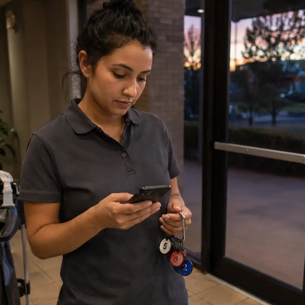 Commercial cleaning crew leader checking an access schedule in an office lobby.