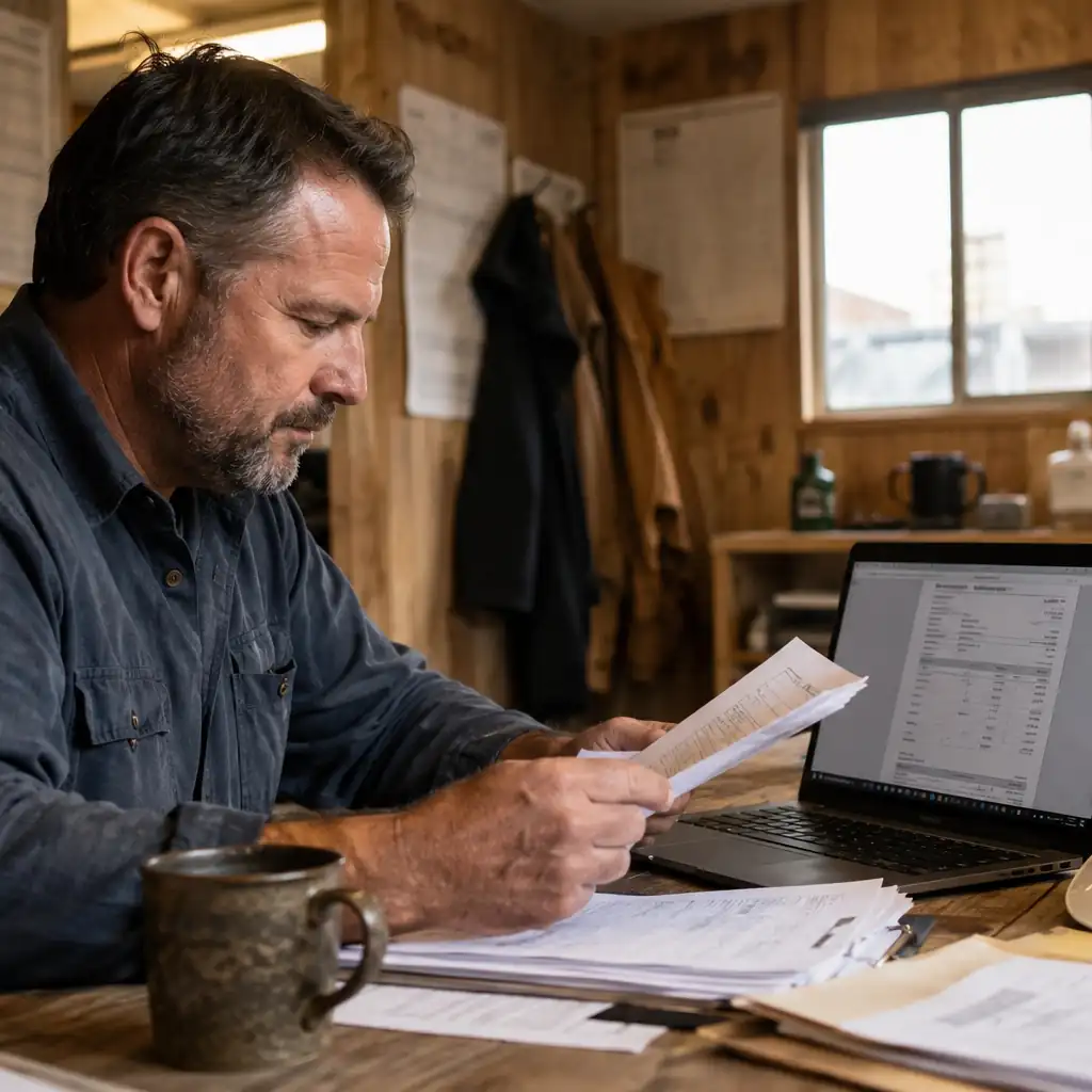 General contractor reviewing closeout paperwork and the final retainage release invoice at a job site desk.