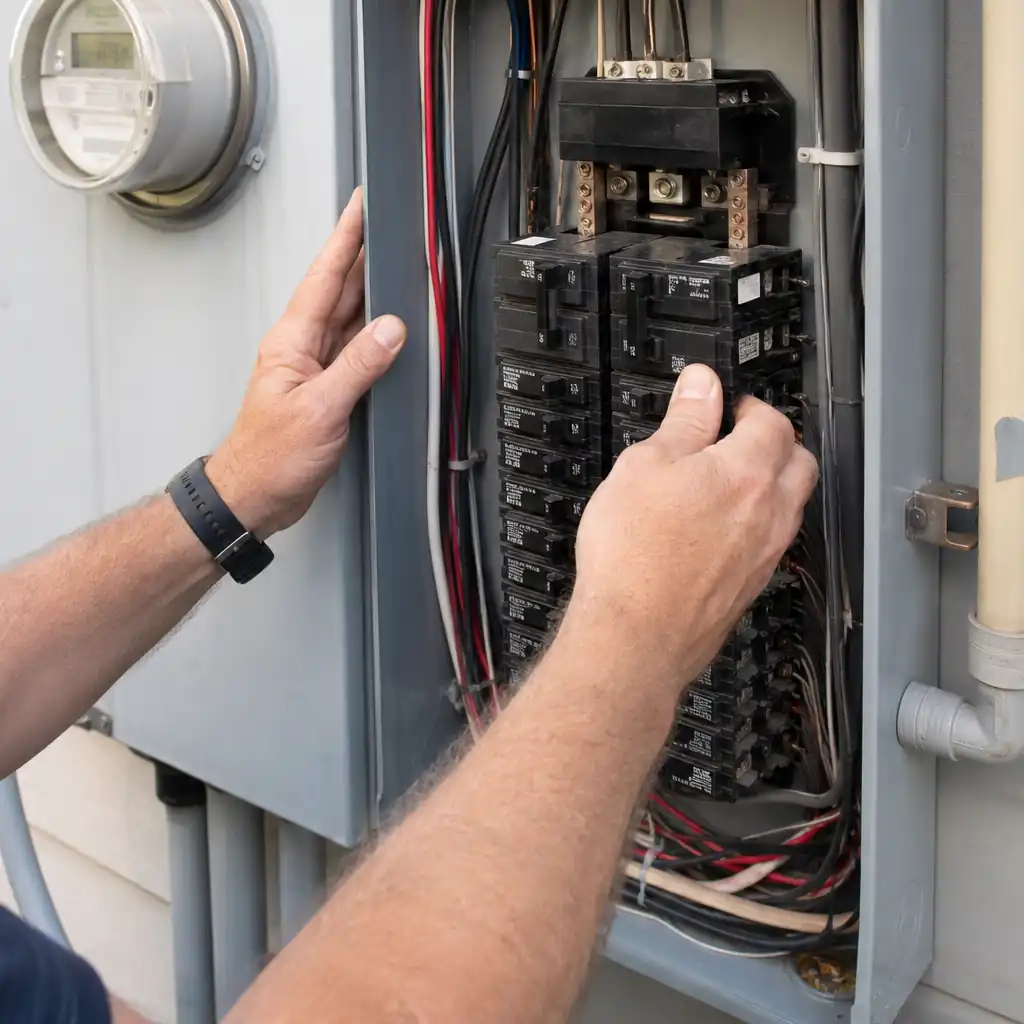 Electrician opening a residential electrical service panel to check amperage during an EV charger site assessment.