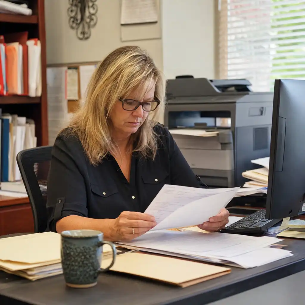 Office manager at an HVAC company reviewing rebate submission paperwork at her desk.