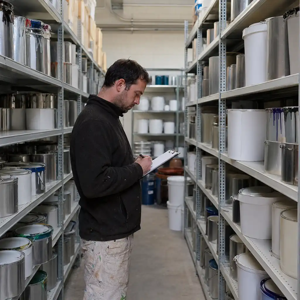 Worker checking paint can stock with a clipboard in an organized painting company warehouse.