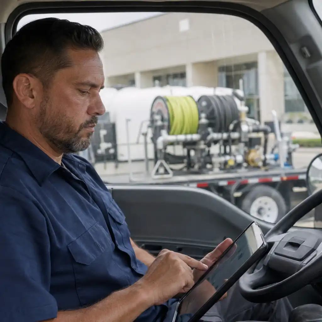 Business owner reviewing a digital job checklist on a tablet inside a work truck.