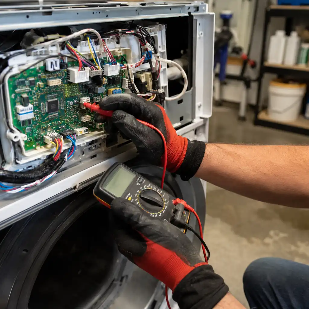 Gloved technician testing a washing machine electronic control board with a multimeter.