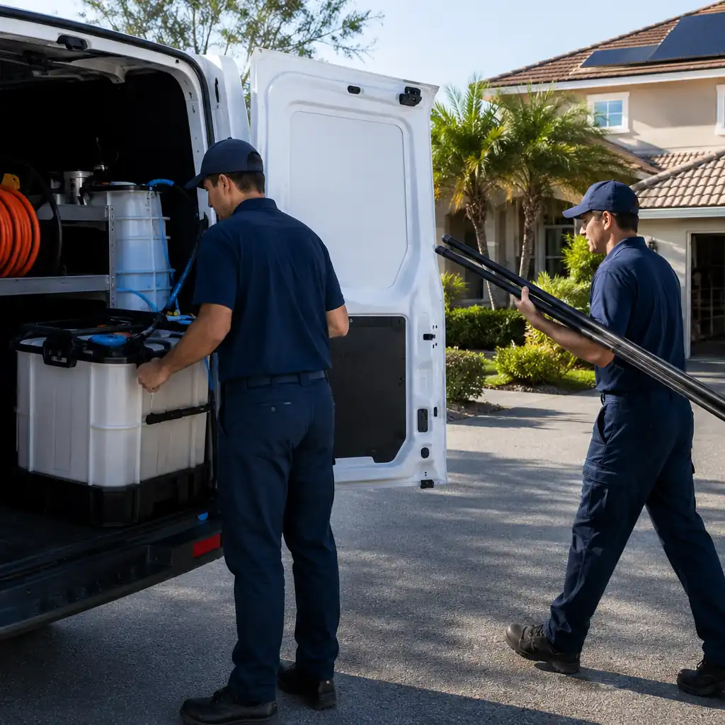 Cleaning crew loads a water-fed pole and tank into a service van at a solar home.