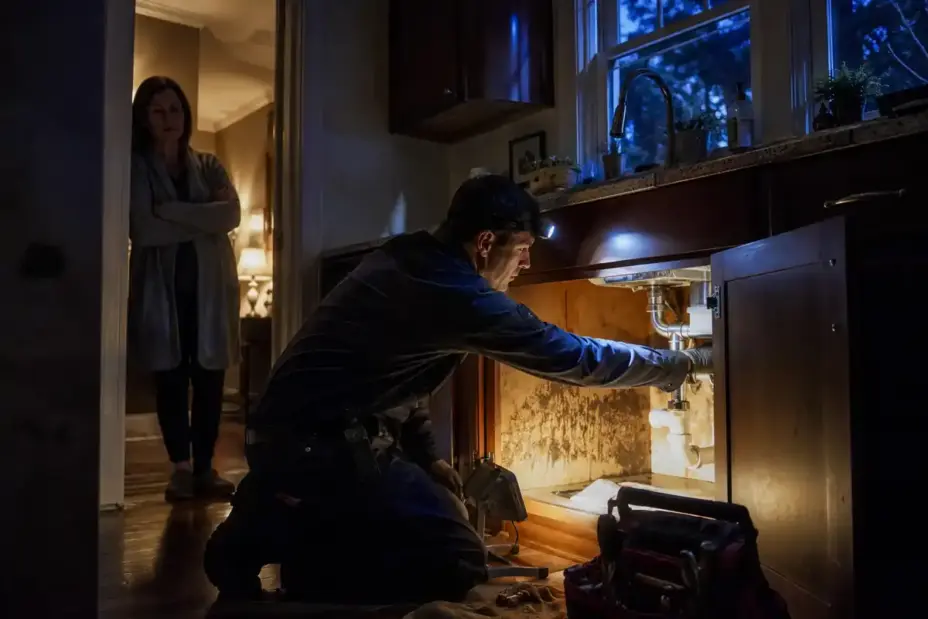Plumber repairing a leaking kitchen sink at night while the homeowner waits nearby.
