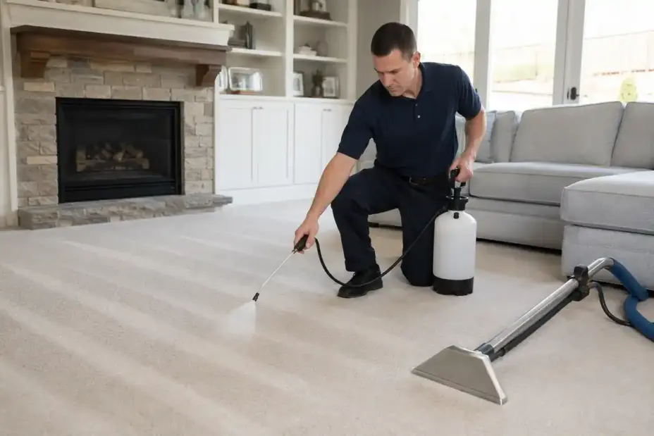 Carpet cleaning technician applying protectant spray to freshly cleaned living room carpet.