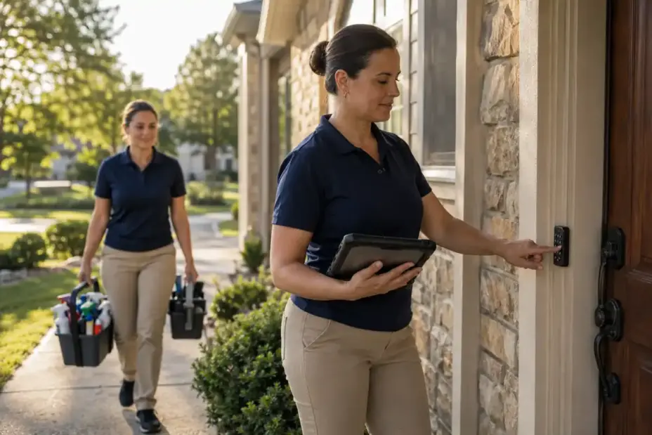 Cleaning crew supervisor entering a smart lock code at a client home.