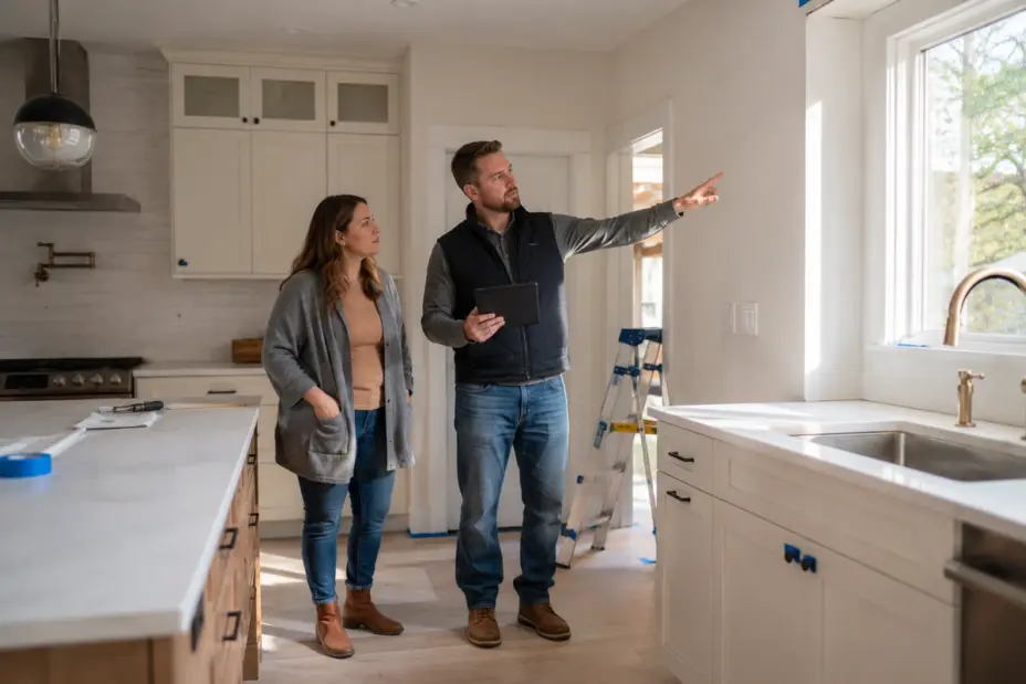 General contractor and homeowner reviewing punch list items during a kitchen remodel walkthrough.
