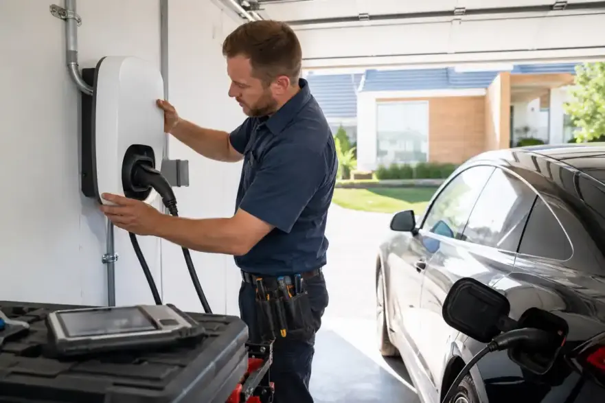 Electrician mounting a Level 2 EV charger in a residential garage next to an electric vehicle.