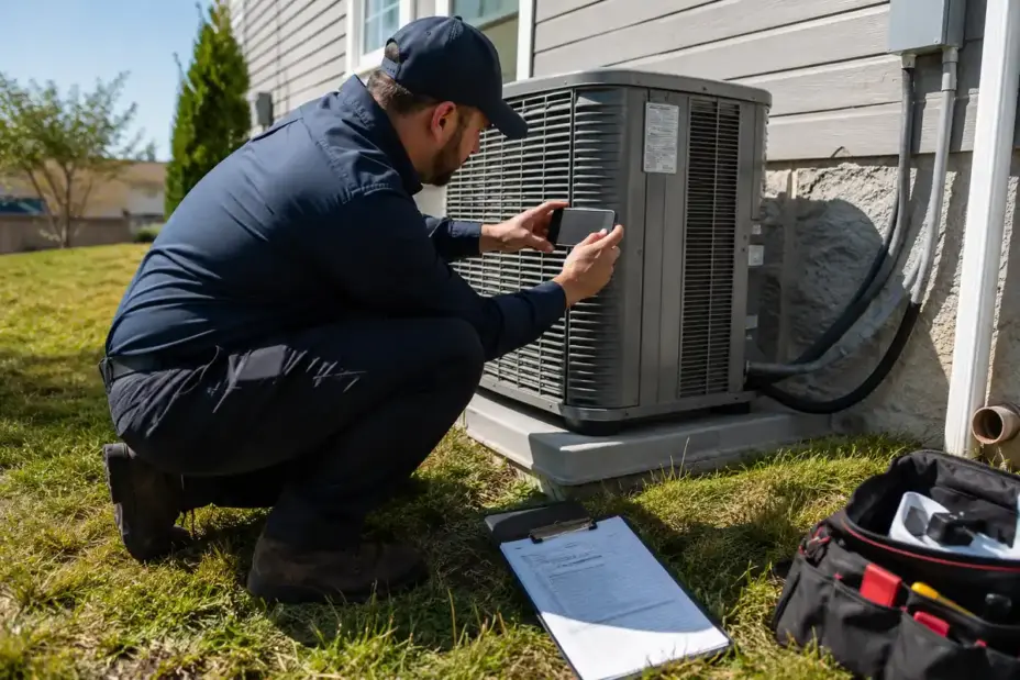 HVAC technician photographing the nameplate on an outdoor heat pump condenser for rebate paperwork.