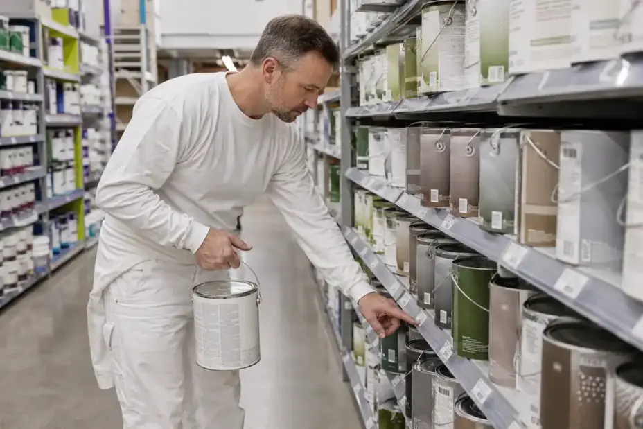 Painting contractor in a supply store aisle checking the shelf price of a gallon of paint.