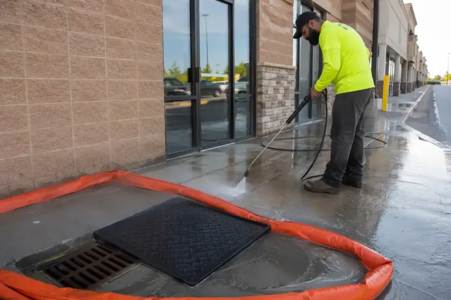 Technician pressure washing a commercial sidewalk with storm drain cover and containment berm.