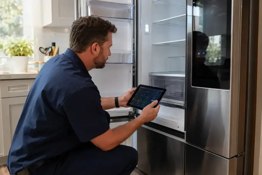 Appliance repair technician using a tablet to diagnose a smart refrigerator in a kitchen.