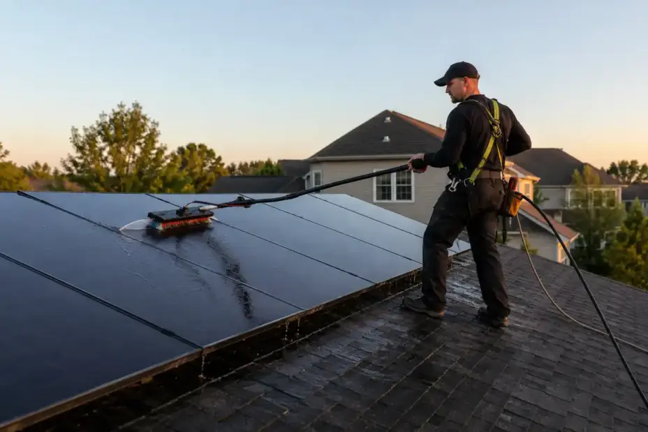 Window cleaning technician cleans rooftop solar panels with a water-fed pole at sunrise.