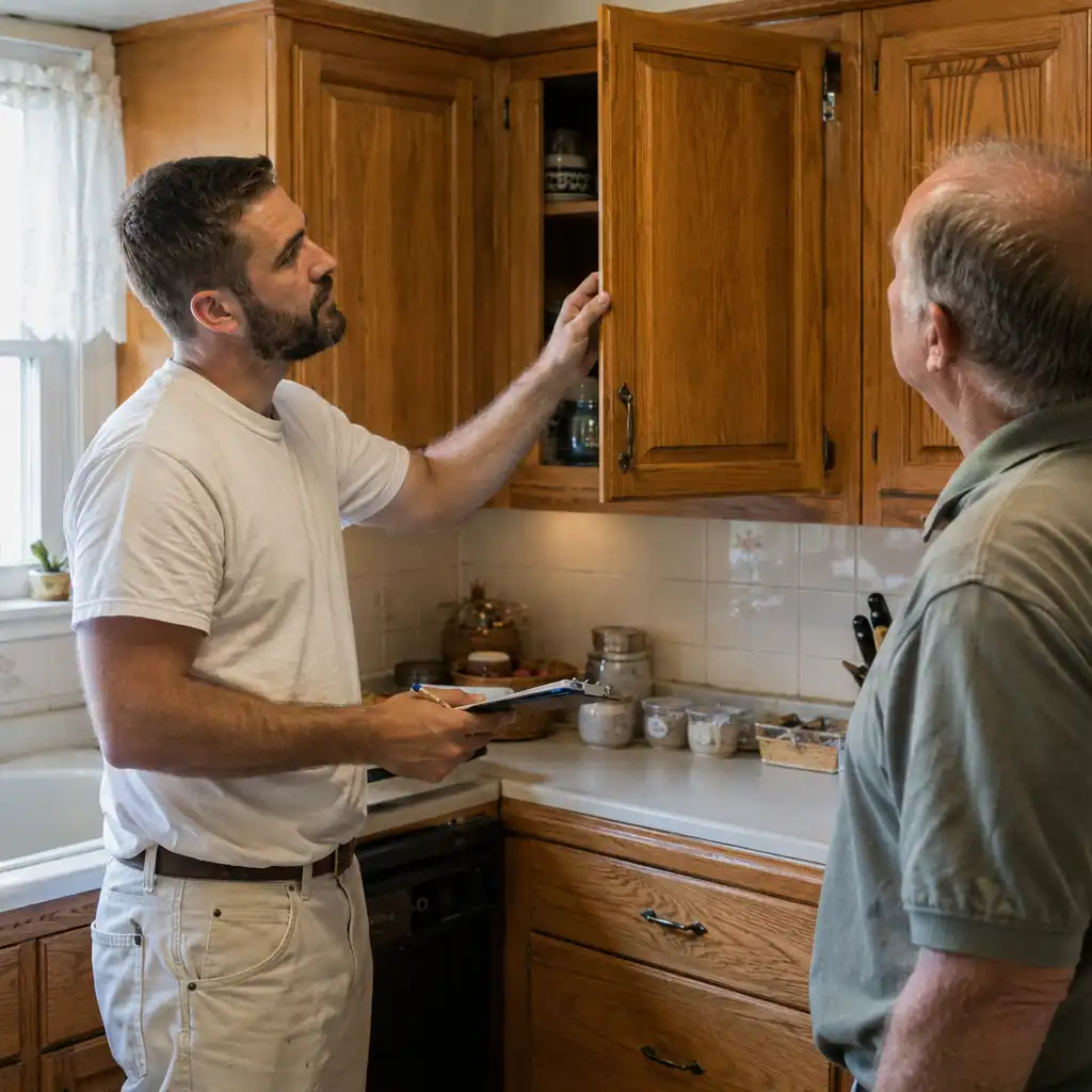 Painting contractor inspecting oak cabinets during an in-home estimate with a homeowner.