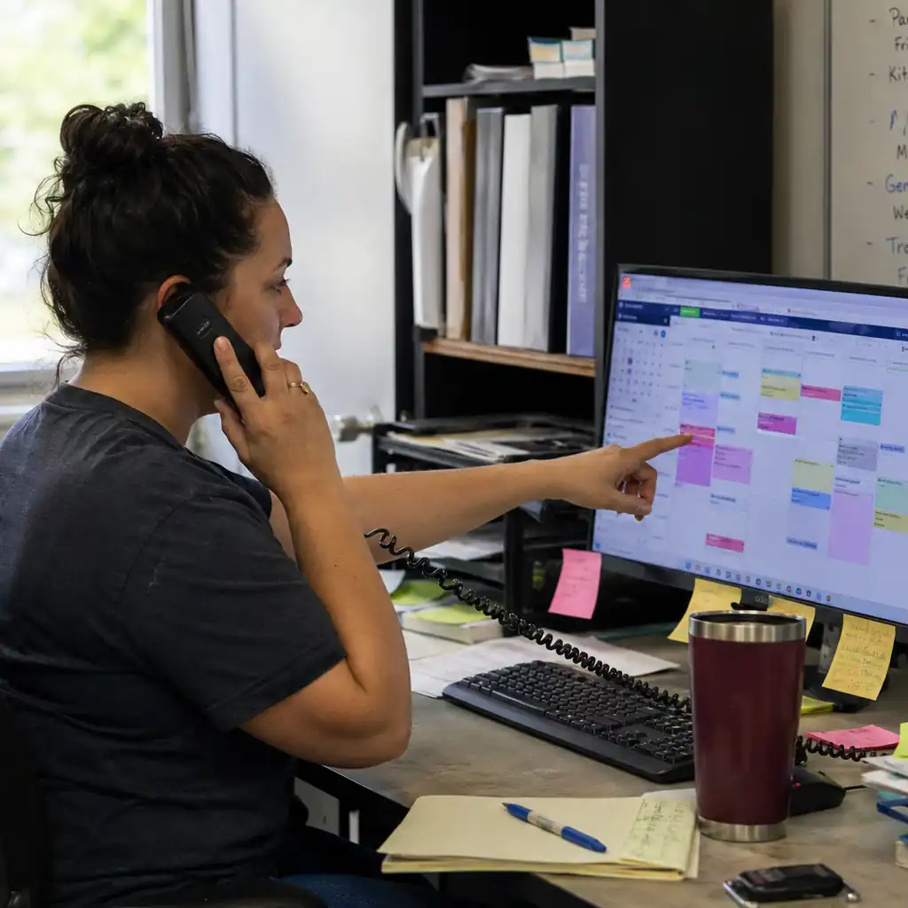 Dispatcher at an electrical contracting office scheduling panel upgrade jobs on a calendar screen.