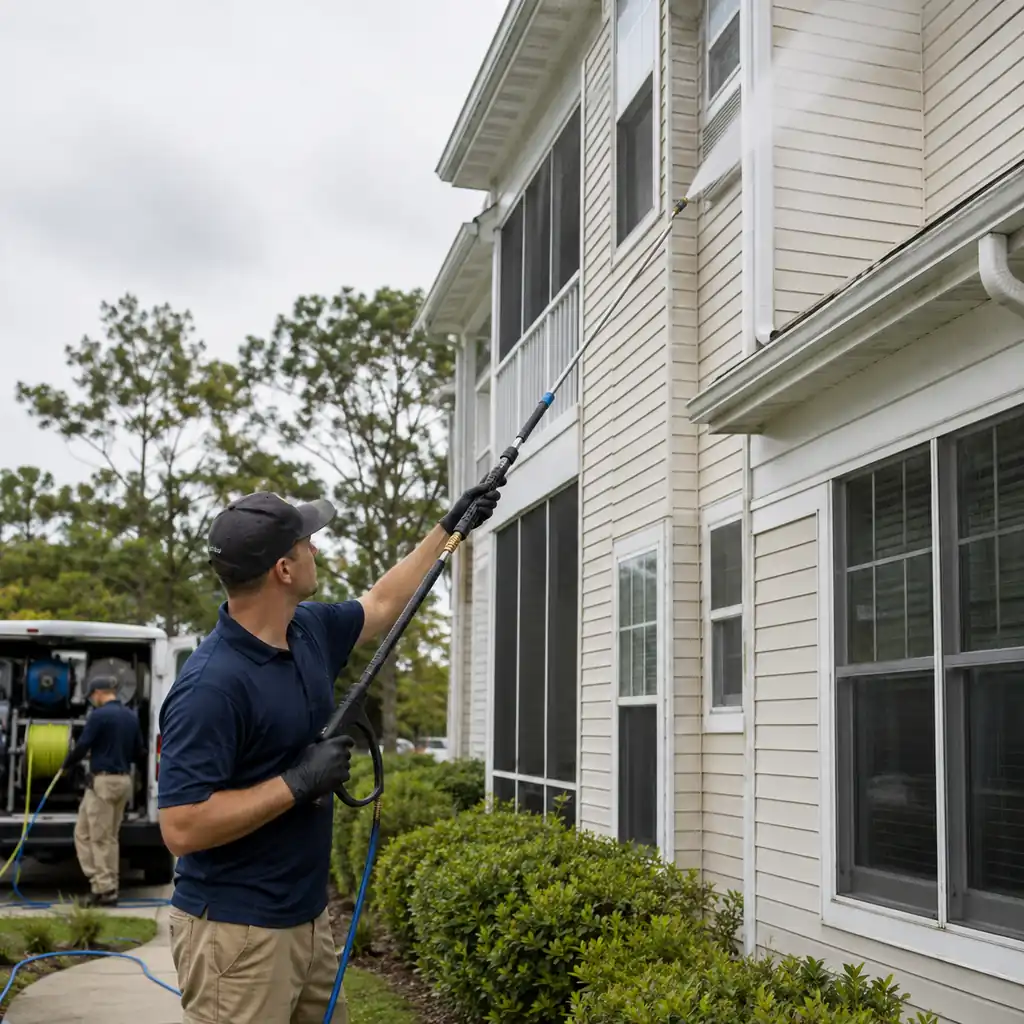 Crew member soft washing the upper siding of a condominium building on a community contract.