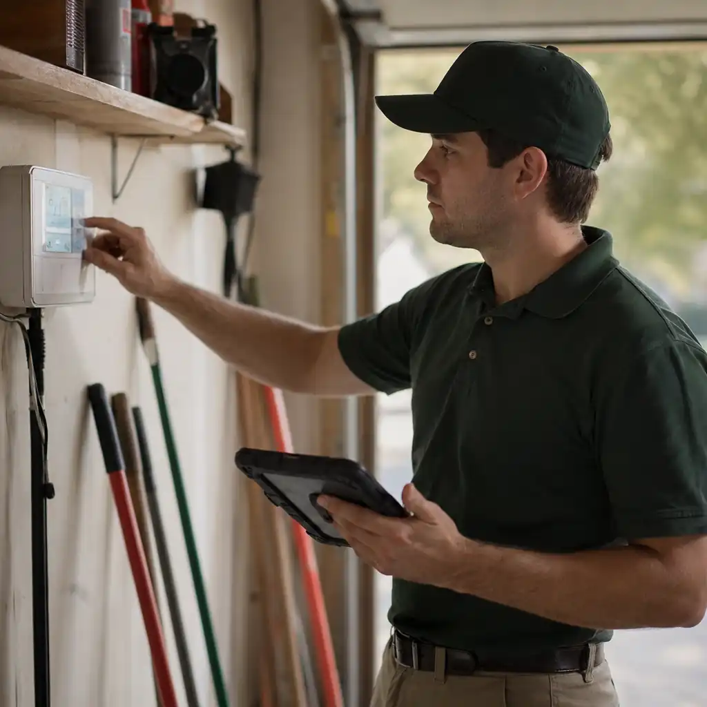 Technician adjusting a smart irrigation controller in a garage while holding a tablet.