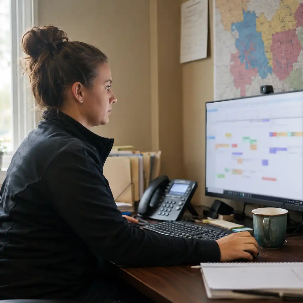 Pool company dispatcher reviewing a weekly closing schedule beside a zone territory map.